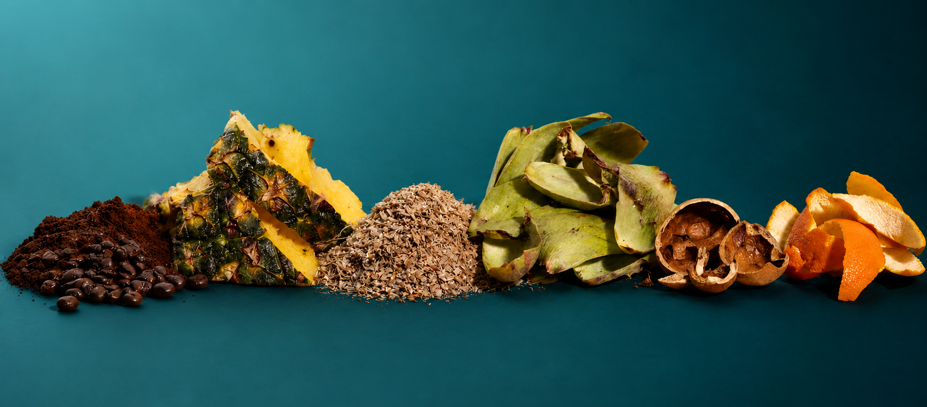 Biomass varieties: coffee grounds, pineapple peels, walnut shells, citrus rinds, and other plant byproducts